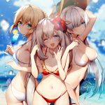  3girls :d ahoge alternate_costume anastasia_(fate/grand_order) artoria_pendragon_(all) artoria_pendragon_(swimsuit_archer) ass bangs bare_shoulders beach bikini blonde_hair blue_eyes blue_sky blurry blurry_background blush breasts breasts_apart choker cleavage closed_mouth collarbone commentary_request cowboy_shot cup day drinking_glass eyebrows_visible_through_hair fate/grand_order fate_(series) flower food fruit green_eyes groin hair_between_eyes hair_flower hair_ornament hair_over_one_eye hair_ribbon hairband hand_on_headwear hat head_tilt holding holding_drinking_glass jewelry large_breasts lemon lemon_slice light_particles light_rays locked_arms long_hair looking_at_viewer marie_antoinette_(fate/grand_order) medium_breasts multiple_girls necklace necomi ocean one_eye_closed open_mouth outdoors red_bikini ribbon saber sand sarong shade side-tie_bikini signature silver_hair sky smile stomach sun_hat swimsuit thighs tropical_drink twintails very_long_hair waving wet white_bikini 