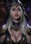  1girl ashe_(league_of_legends) bangs blue_eyes breasts cape cleavage hood kveldulv large_breasts league_of_legends long_hair looking_at_viewer parted_lips realistic silver_hair solo upper_body white_hair 