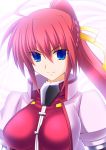  1girl ahoge blue_eyes breasts engo_(aquawatery) large_breasts long_hair lyrical_nanoha pink_hair ponytail signum solo 