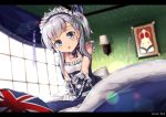  1girl aono_meri azur_lane bed belchan_(azur_lane) belfast_(azur_lane) blue_dress braid commentary_request dress elbow_gloves gloves highres letterboxed long_hair maid_headdress open_mouth picture_(object) picture_frame pillow ribbon side_ponytail silver_hair sitting solo translated v_arms window younger 