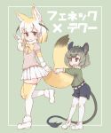  2girls :3 :d animal_ears bangs belt black_hair blonde_hair bow bowtie breasts brown_eyes brown_shorts character_name closed_mouth degu_(kemono_friends) extra_ears eyebrows eyebrows_visible_through_hair fennec_(kemono_friends) fox_ears fox_girl fox_tail fur_collar gloves green_hair green_shirt hand_up highres kemono_friends kolshica leg_up long_sleeves looking_at_another miniskirt multicolored multicolored_clothes multicolored_gloves multicolored_hair multicolored_legwear multiple_girls open_mouth pink_shirt pleated_skirt puffy_short_sleeves puffy_sleeves shirt shoes short_hair short_sleeves shorts skirt small_breasts smile tail tail_hug two-tone_legwear white_belt white_footwear white_gloves white_hair white_legwear white_skirt yellow_bow yellow_gloves yellow_legwear yellow_neckwear 