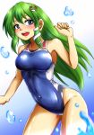  1girl blue_swimsuit breasts competition_swimsuit d-m_(dii_emu) frog_hair_ornament green_eyes green_hair hair_ornament hair_tubes highres kochiya_sanae long_hair looking_at_viewer medium_breasts one-piece_swimsuit open_mouth smile snake_hair_ornament solo swimsuit touhou water 