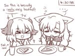  &gt;_&lt; ... 2girls animal_ears ascot brooch commentary cup dog_ears drinking_glass english eyebrows_visible_through_hair food hair_between_eyes imaizumi_kagerou jewelry kasodani_kyouko lineart long_hair messy_hair multiple_girls pizza plate ramadan short_hair simple_background sleepy table time tired touhou triangle_mouth wolf_ears wool_(miwol) 