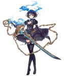  1girl alice_(sinoalice) black_hair chains elbow_gloves eyebrows_visible_through_hair frilled_skirt frills full_body gloves hair_ribbon jino legs_crossed looking_at_viewer official_art puffy_sleeves red_eyes ribbon short_hair sinoalice skirt solo sword thigh-highs transparent_background watson_cross weapon 