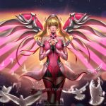  1girl alternate_costume alternate_hairstyle backlighting bird blonde_hair blurry closed_eyes depth_of_field detached_sleeves dove english feathers hair_ribbon hands_together liang_xing mechanical_wings mercy_(overwatch) midair overwatch parted_lips pink_legwear pink_mercy pink_ribbon praying ribbon skirt solo thigh-highs twintails wings 