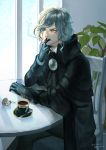  +_+ 1boy black_gloves chair cigarette cloak coffee coffee_cup collared_shirt cup disposable_cup edmond_dantes_(fate/grand_order) fate/grand_order fate_(series) gloves highres legs_crossed long_sleeves looking_at_viewer medallion plant potted_plant shirt sitting smoking spoon sugar_cube sugar_tongs symbol-shaped_pupils wa_(87s-87) white_hair yellow_eyes 