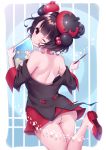  1girl ;p ass bare_shoulders black_dress black_hair blush closed_mouth commentary_request dress fate/grand_order fate_(series) hair_ornament head_tilt highres holding holding_pen katsushika_hokusai_(fate/grand_order) ko_yu looking_at_viewer looking_back one_eye_closed pen red_eyes red_footwear shoe_soles shoes smile solo standing standing_on_one_leg tongue tongue_out 