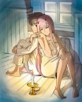  1boy 1girl albyeee back-to-back bangs barefoot black_hair blue_eyes candle candlestand closed_eyes collarbone commentary couple darling_in_the_franxx fingernails fringe hand_holding hand_on_own_knee hetero highres hiro_(darling_in_the_franxx) horns leg_hug long_hair looking_back nightgown oni_horns pajamas pink_hair red_horns short_hair sitting sleeveless white_pajamas zero_two_(darling_in_the_franxx) 