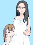  2girls bare_arms bare_shoulders black_hair blue_background blue_eyes blue_ribbon brown-framed_eyewear brown_eyes brown_hair closed_mouth dress glasses hair_ribbon highres hug long_hair looking_at_viewer looking_to_the_side multiple_girls nazoani_museum original parted_lips ribbon simple_background standing twintails white_dress 