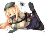  arms_behind_back bdsm beret black_legwear blonde_hair blue_skirt bondage bound breasts brown_jacket commentary_request eyebrows_visible_through_hair eyes_visible_through_hair gag girls_frontline green_eyes green_hat hair_between_eyes hairband hat jacket jinhw2004 large_breasts long_hair lying m1_garand_(girls_frontline) necktie on_stomach one_eye_closed pantyhose pleated_skirt rope signature simple_background skirt soles solo speech_bubble spoken_squiggle squiggle suspender_skirt suspenders tied_up uniform white_background 