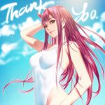  1girl aqua_eyes breasts closed_mouth clouds collarbone darling_in_the_franxx eyeshadow from_below green_eyes hair_tucking hand_behind_head horns makeup medium_breasts nudtawut_thongmai oni_horns outdoors pink_hair red_horns shiny shiny_hair sky straight_hair thank_you zero_two_(darling_in_the_franxx) 