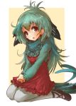  1girl bird_tail bird_wings blue_hair commentary_request dress eyebrows_visible_through_hair green_hair hands_on_lap head_wings highres kemono_friends lace long_hair long_sleeves multicolored_hair neck_ribbon pantyhose puffy_sleeves resplendent_quetzal_(kemono_friends) ribbon seiza sitting solo tikano wings 