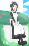  1girl :d alternate_costume apron black_hair black_legwear blue_sky blush clouds cloudy_sky day enmaided fubuki_(kantai_collection) gloves green_eyes juliet_sleeves kantai_collection long_sleeves looking_at_viewer ma_rukan maid maid_headdress open_mouth puffy_sleeves short_ponytail sitting sky smile solo v_arms white_gloves 