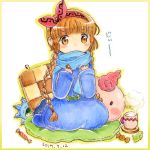  1girl blanket blue_robe blue_scarf border braid brown_hair candy character_pillow covered_mouth cup drink food gipple graphite_(medium) hairband kukuri looking_at_viewer mahoujin_guruguru mechanical_pencil mug pencil pillow pink_hairband popurieru scarf sitting solo staff steam traditional_media twin_braids watercolor_pencil_(medium) wrapped_candy yellow_border 