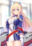  1girl arm_at_side ascot azur_lane bangs blonde_hair blue_eyes blush braid breasts cleavage closed_mouth cowboy_shot crossed_bangs day dress eyebrows_visible_through_hair glorious_(azur_lane) gloves hair_between_eyes hand_on_own_chest headgear highres indoors large_breasts long_hair long_sleeves looking_at_viewer machinery mutsuba_fumi rigging sash sidelocks solo standing thighs very_long_hair white_gloves window 