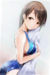  1girl ass blue_swimsuit brown_eyes brown_hair competition_swimsuit dutch_angle idolmaster idolmaster_cinderella_girls long_hair looking_at_viewer nannacy7 nitta_minami one-piece_swimsuit solo swimsuit towel white_towel 