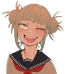  1girl artist_name blush boku_no_hero_academia double_bun fangs_out gradient_hair messy_hair multicolored_hair neckerchief nhadraw one_eye_closed school_uniform serafuku short_hair simple_background smile solo toga_himiko tongue tongue_out upper_body white_background yellow_eyes 