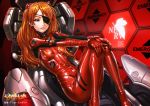  1girl blue_eyes bodysuit cockpit commentary_request dcwj evangelion:_3.0_you_can_(not)_redo eyepatch highres lips looking_at_viewer lying neon_genesis_evangelion nerv on_back orange_hair parted_lips plugsuit rebuild_of_evangelion shiny sitting souryuu_asuka_langley 