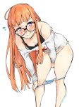  1girl ahoge bangs bent_over black-framed_eyewear blue_panties blunt_bangs blush camisole covering covering_crotch embarrassed feet_out_of_frame flying_sweatdrops highres kenshin187 long_hair long_sleeves off_shoulder orange_hair panties panty_pull persona persona_5 round_eyewear sakura_futaba semi-rimless_eyewear shirt signature simple_background solo striped striped_panties under-rim_eyewear underwear undressing violet_eyes white_background white_shirt 