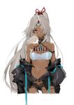  1girl altera_(fate) breasts collar copyright_name criss-cross_halter fate/grand_order fate_(series) halterneck jacket long_hair navel off_shoulder one_eye_covered red_eyes shenq short_shorts shorts silver_hair small_breasts solo strapless tiara toned tubetop very_long_hair 