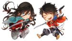  2boys antique_firearm armor black_hair blue_eyes brown_eyes brown_hair chibi firearm firelock flintlock gun haori izumi-no-kami_kanesada japanese_armor japanese_clothes katana long_hair low-tied_long_hair male_focus multiple_boys mutsu-no-kami_yoshiyuki okki2012 sandals sarashi sode sword touken_ranbu weapon 