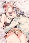  1boy 1girl animal_ears animal_print bangs bare_arms bare_shoulders bed between_breasts black_panties black_tank_top blue_hair blush boyshorts breast_pillow breasts brown_shorts closed_eyes closed_mouth couple cow_ears cow_horns drang_(granblue_fantasy) draph eno_yukimi granblue_fantasy hair_over_one_eye hand_on_another&#039;s_head head_between_breasts head_to_head hetero horns hug huge_breasts legs_together leopard_print long_hair long_sleeves lying midriff on_back on_stomach panties pantyshot pantyshot_(lying) parted_lips pillow pointy_ears print_shorts redhead revision shiny shiny_skin shirt short_hair shorts sidelocks sketch skindentation sleeping sleepwear smile sturm_(granblue_fantasy) tank_top underwear wavy_hair white_shirt 