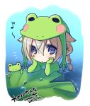  1girl :o animal_costume animal_ears blonde_hair blue_eyes blush braid chibi commentary_request dated frog frog_costume hair_between_eyes konshin leaf lily_pad looking_at_viewer minigirl musical_note notice_lines original parted_lips partially_submerged signature solo violet_eyes water 