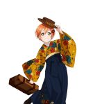  1girl alternate_costume artist_request bag bangs blue_hakama blush boots floral_print grin hair_ornament hairclip hakama hat holding hoshizora_rin japanese_clothes kimono love_live! love_live!_school_idol_festival love_live!_school_idol_project meiji_schoolgirl_uniform official_art orange_hair school_bag short_hair smile solo transparent_background wide_sleeves yellow_eyes 