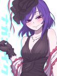  1girl alternate_costume bare_shoulders black_dress black_gloves black_hat blush breasts cleavage collarbone colored_eyelashes commentary_request dress frilled_shawl frills gloves hands_up hat head_tilt highres jewelry looking_at_viewer medium_breasts miata_(miata8674) nagae_iku necklace purple_hair red_eyes red_ribbon ribbon see-through shawl short_hair simple_background smile solo touhou translated upper_body white_background wrist_cuffs 