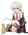  1girl animal animal_on_back azur_lane bangs bare_shoulders black_footwear black_jacket black_shorts cat cat_teaser closed_mouth collared_shirt commentary_request detached_sleeves eyebrows_visible_through_hair flat_chest fur_collar gloves grey_hair grey_legwear hair_between_eyes hair_over_shoulder hand_on_own_thigh hidebuu holding jacket kneehighs long_hair looking_down low_ponytail necktie no_eyes one_knee open_clothes open_jacket pink_eyes red_neckwear shiny shiny_hair shiny_skin shirt shoes shorts simple_background sleeveless sleeveless_shirt smile suspender_shorts suspenders tsurime white_background white_gloves white_shirt z1_leberecht_maass_(azur_lane) 