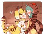  2girls animal_ears bare_shoulders blonde_hair blue_hair blush bow bowtie cat_ears cat_tail closed_eyes commentary_request ear_blush elbow_gloves enk_0822 eyebrows_visible_through_hair flying_sweatdrops frilled_skirt frills gloves heart highres hood hoodie kemono_friends kiss_day long_sleeves multicolored_hair multiple_girls neck_ribbon ribbon sand_cat_(kemono_friends) short_hair skirt smile snake_tail striped sweatdrop tail tsuchinoko_(kemono_friends) vest wavy_mouth yuri 