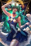  1girl alternate_costume animal_ears armlet bare_shoulders blue_dress breasts choker commentary dress elbow_gloves english_commentary feathered_wings gloves green_eyes green_hair hair_ornament highres horn league_of_legends lips long_hair low_wings magic_circle magical_girl medium_breasts nose soraka staff star_guardian_soraka strapless strapless_dress thigh-highs white_gloves white_legwear wings yang_fan zettai_ryouiki 