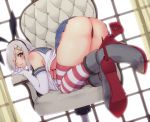  1girl all_fours alternate_costume ass black_panties blue_eyes breasts cosplay elbow_gloves eyes_visible_through_hair gloves hair_ornament hair_over_one_eye hairband hairclip hamakaze_(kantai_collection) highres horizontal-striped_legwear horizontal_stripes kantai_collection large_breasts looking_at_viewer microskirt no_bra on_chair panties rudder_shoes sailor_collar sarfata shimakaze_(kantai_collection) shimakaze_(kantai_collection)_(cosplay) short_hair silver_hair skirt solo striped striped_legwear thigh-highs underwear white_gloves 