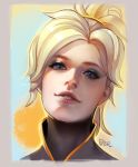  1girl artist_name blonde_hair blue_eyes eyelashes face high_collar high_ponytail lips looking_at_viewer mercy_(overwatch) overwatch parted_lips peter_xiao portrait short_hair solo upper_body 