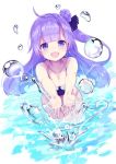  1girl :d ahoge amacha azur_lane bikini blush breasts cleavage dutch_angle halterneck leaning_forward long_hair looking_at_viewer medium_breasts one_side_up open_mouth outstretched_hand purple_hair side_bun smile solo splashing swimsuit unicorn_(azur_lane) violet_eyes wading water_drop white_bikini 