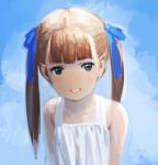  1girl bangs bare_shoulders blue_background blue_eyes blue_ribbon blunt_bangs brown_hair dress eyebrows_visible_through_hair hair_ribbon highres looking_at_viewer nazoani_museum original ribbon smile solo twintails upper_body white_dress 