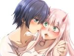  1boy 1girl bangs black_hair blue_eyes blush breasts cleavage collarbone commentary_request couple darling_in_the_franxx eyebrows_visible_through_hair fangs fringe green_eyes hand_on_another&#039;s_shoulder herozu_(xxhrd) hetero hiro_(darling_in_the_franxx) horns long_hair looking_at_another nightgown oni_horns open_mouth pajamas pink_hair red_horns short_hair white_pajamas zero_two_(darling_in_the_franxx) 