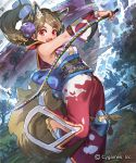  1girl :o animal_ears brown_hair cat_ears daible detached_sleeves fang full_body highres japanese_clothes kimono long_hair red_eyes sandals shingeki_no_bahamut solo standing tail whip 