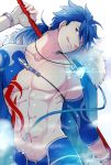  1boy :q abs blue_hair bracelet chest_tattoo collarbone cosplay cu_chulainn_(fate/prototype) earrings fate/grand_order fate/prototype fate_(series) gae_bolg head_tilt holding holding_spear holding_weapon jewelry lancer lancer_(cosplay) long_hair male_focus necklace nishi_juuji polearm ponytail red_eyes shirtless simple_background single_bare_shoulder smile solo spear tattoo tongue tongue_out upper_body weapon white_background 