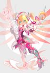  1girl amakusa_(hidorozoa) armored_boots blonde_hair blue_eyes boots closed_mouth fingerless_gloves floating gloves hair_between_eyes high_heel_boots high_heels holding horns long_hair looking_at_viewer overwatch pink_mercy smile solo staff standing standing_on_one_leg twintails 