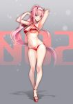  1girl :q arms_up bangs bare_arms bare_shoulders bikini blush breasts closed_mouth commentary_request darling_in_the_franxx eyebrows_visible_through_hair green_eyes high_ponytail horns large_breasts long_hair looking_at_viewer navel pink_hair platform_footwear ponytail red_bikini red_footwear sandals sidelocks smile solo suishougensou swimsuit tongue tongue_out v-shaped_eyebrows very_long_hair zero_two_(darling_in_the_franxx) 