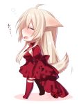  1girl :d ahoge animal_ears blonde_hair blush chibi commentary_request dated dress ears_down from_side konshin long_sleeves open_mouth original red_dress red_legwear sideways_mouth signature sleeves_past_fingers smile solo standing tail thigh-highs 