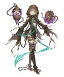  1girl aqua_eyes belt book boots brown_hair cage chains cuffs full_body gretel_(sinoalice) hansel_(sinoalice) head_tilt high_heels jino knee_boots legs_crossed looking_at_viewer official_art shackles sinoalice smile solo thigh-highs transparent_background watson_cross 