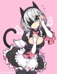  1girl :o alternate_costume animal_ears apron black_dress black_legwear blindfold blindfold_slip blue_eyes blush breasts cat_ears cat_tail cleavage_cutout dress enmaided flying_sweatdrops grey_hair hairband hong_(white_spider) kemonomimi_mode large_breasts leaning_forward long_sleeves looking_at_viewer maid maid_apron nier_(series) nier_automata parted_lips patreon_username pink_background short_hair simple_background solo standing tail thigh-highs white_apron wings yorha_no._2_type_b 
