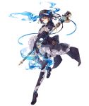  1girl alice_(sinoalice) asymmetrical_legwear black_hair boots elbow_gloves eyebrows_visible_through_hair frilled_skirt frills full_body gloves hat jino official_art puffy_sleeves red_eyes ribbon serious short_hair sinoalice skirt solo staff tattoo transparent_background 