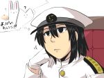  :x admiral_(kantai_collection) anchor_symbol artist_self-insert black_hair cat chair commentary_request epaulettes gloves goma_(gomasamune) hair_between_eyes hand_on_own_cheek hat highres imagining jacket kantai_collection military military_hat military_uniform open peaked_cap rabbit sitting thought_bubble translated uniform 