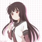  1girl brown_hair commentary_request expressionless long_hair matsumoto_rise nanamori_school_uniform red_eyes ren_kon school_uniform serafuku solo twitter_username yuru_yuri 