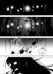 1girl 3boys angry blood blood_splatter comic forest greyscale hoe imaizumi_kagerou japanese_clothes kaito_(kaixm) long_hair monochrome multiple_boys nature page_number sickle silhouette torch touhou translation_request worktool 