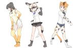  3girls :&gt; african_wild_dog_(kemono_friends) african_wild_dog_print alternate_costume animal_ears anklet bare_shoulders bear_ears bear_tail bike_shorts blonde_hair blush boots bow bowtie bracelet brown_bear_(kemono_friends) brown_hair circlet collared_shirt commentary_request cosplay costume_switch denim denim_shorts dog_ears dog_tail elbow_gloves embarrassed eyebrows_visible_through_hair fingerless_gloves gloves golden_snub-nosed_monkey_(kemono_friends) hand_on_hip jewelry leotard light_brown_hair long_sleeves monkey_ears monkey_tail multicolored_hair multiple_girls pantyhose pleated_skirt rumenia_(ao2is) shirt shoe_bow shoes short_hair short_shorts short_sleeves shorts shorts_under_skirt skirt tail thigh-highs 