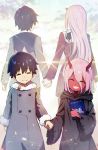  1boy 1girl ^_^ book closed_eyes coat commentary couple darling_in_the_franxx dual_persona eyebrows_visible_through_hair fingernails fur_trim grey_coat grin hair_between_eyes hand_holding happy highres hiro_(darling_in_the_franxx) holding holding_book hoshizaki_reita long_hair long_sleeves oni oni_horns pink_hair purple_hair red_horns red_skin revision robe sharp_fingernails sharp_teeth signature smile standing teeth winter_clothes winter_coat younger zero_two_(darling_in_the_franxx) 